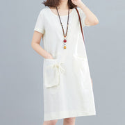 Buddha Stones Summer Casual Plain Lace-Up Design Crew Neck Short Sleeve Cotton Linen Midi Dress With Pockets