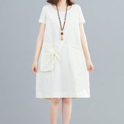 Buddha Stones Summer Casual Plain Lace-Up Design Crew Neck Short Sleeve Cotton Linen Midi Dress With Pockets