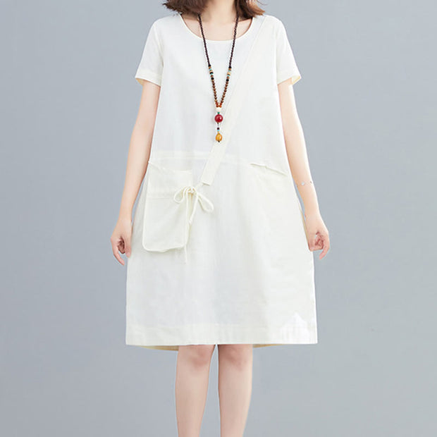 Buddha Stones Summer Casual Plain Lace-Up Design Crew Neck Short Sleeve Cotton Linen Midi Dress With Pockets