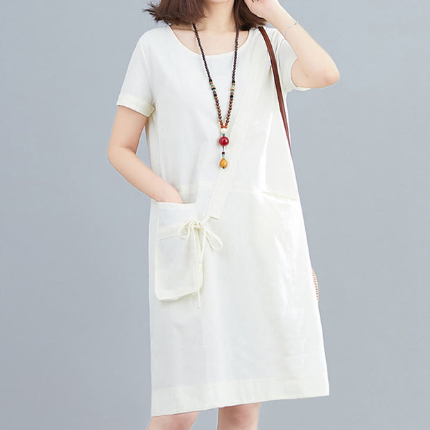 Buddha Stones Summer Casual Plain Lace-Up Design Crew Neck Short Sleeve Cotton Linen Midi Dress With Pockets