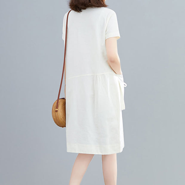 Buddha Stones Summer Casual Plain Lace-Up Design Crew Neck Short Sleeve Cotton Linen Midi Dress With Pockets