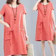Buddha Stones Summer Casual Plain Lace-Up Design Crew Neck Short Sleeve Cotton Linen Midi Dress With Pockets