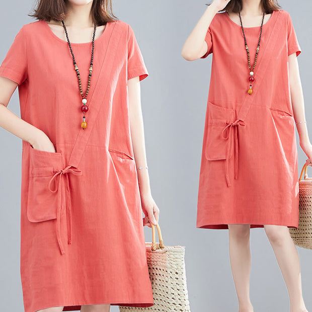 Buddha Stones Summer Casual Plain Lace-Up Design Crew Neck Short Sleeve Cotton Linen Midi Dress With Pockets