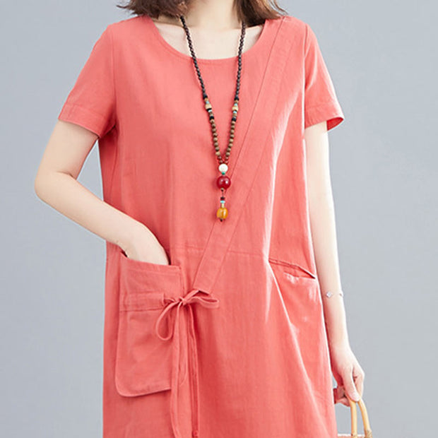Buddha Stones Summer Casual Plain Lace-Up Design Crew Neck Short Sleeve Cotton Linen Midi Dress With Pockets