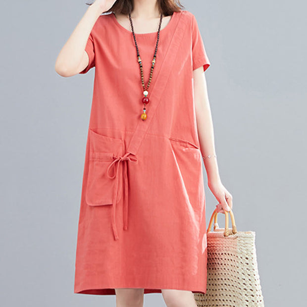 Buddha Stones Summer Casual Plain Lace-Up Design Crew Neck Short Sleeve Cotton Linen Midi Dress With Pockets