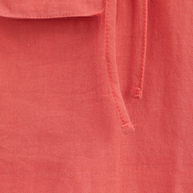 Buddha Stones Summer Casual Plain Lace-Up Design Crew Neck Short Sleeve Cotton Linen Midi Dress With Pockets