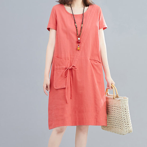 Buddha Stones Summer Casual Plain Lace-Up Design Crew Neck Short Sleeve Cotton Linen Midi Dress With Pockets