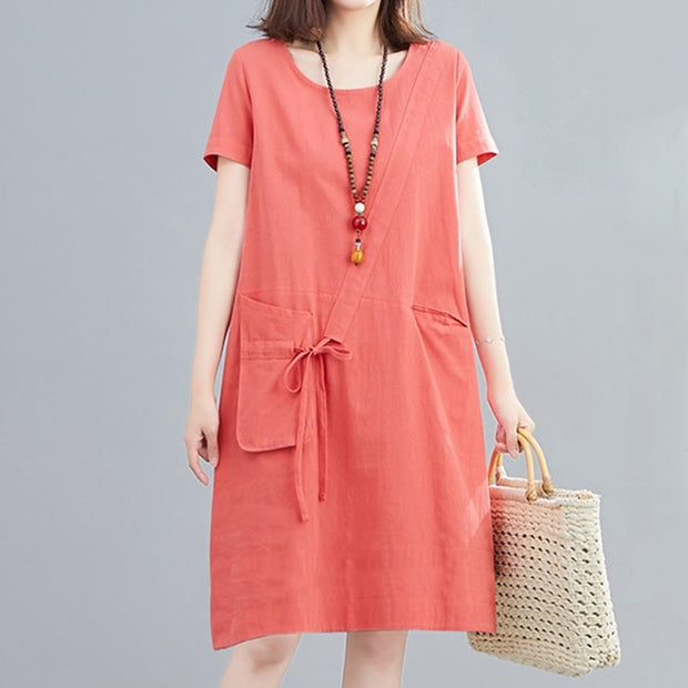 Buddha Stones Summer Casual Plain Lace-Up Design Crew Neck Short Sleeve Cotton Linen Midi Dress With Pockets