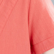 Buddha Stones Summer Casual Plain Lace-Up Design Crew Neck Short Sleeve Cotton Linen Midi Dress With Pockets
