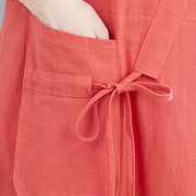Buddha Stones Summer Casual Plain Lace-Up Design Crew Neck Short Sleeve Cotton Linen Midi Dress With Pockets