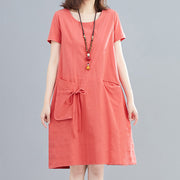 Buddha Stones Summer Casual Plain Lace-Up Design Crew Neck Short Sleeve Cotton Linen Midi Dress With Pockets