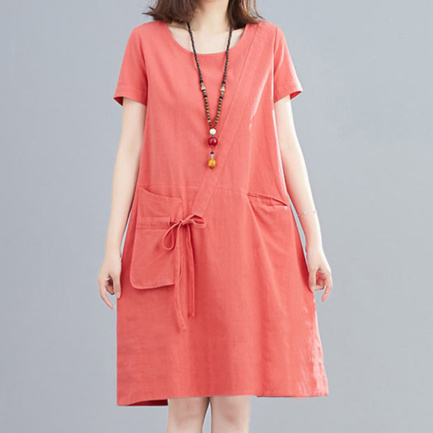 Buddha Stones Summer Casual Plain Lace-Up Design Crew Neck Short Sleeve Cotton Linen Midi Dress With Pockets