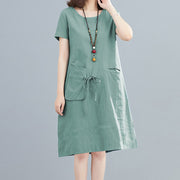 Buddha Stones Summer Casual Plain Lace-Up Design Crew Neck Short Sleeve Cotton Linen Midi Dress With Pockets