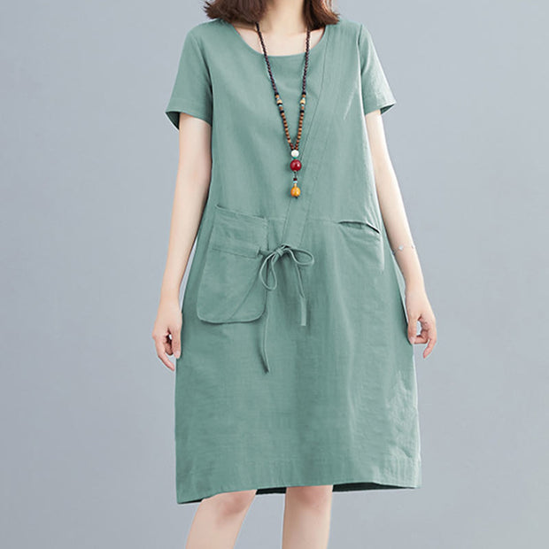 Buddha Stones Summer Casual Plain Lace-Up Design Crew Neck Short Sleeve Cotton Linen Midi Dress With Pockets