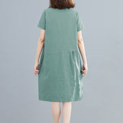 Buddha Stones Summer Casual Plain Lace-Up Design Crew Neck Short Sleeve Cotton Linen Midi Dress With Pockets