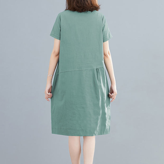 Buddha Stones Summer Casual Plain Lace-Up Design Crew Neck Short Sleeve Cotton Linen Midi Dress With Pockets