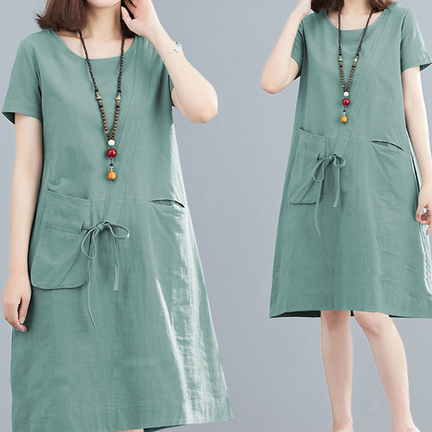 Buddha Stones Summer Casual Plain Lace-Up Design Crew Neck Short Sleeve Cotton Linen Midi Dress With Pockets