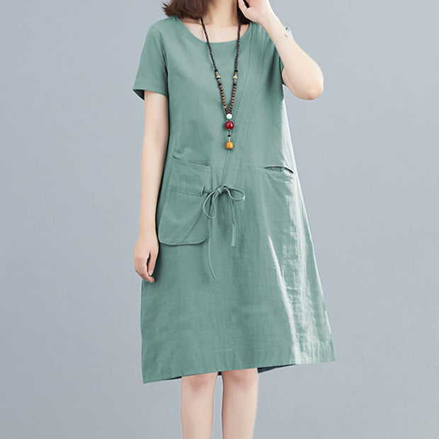 Buddha Stones Summer Casual Plain Lace-Up Design Crew Neck Short Sleeve Cotton Linen Midi Dress With Pockets