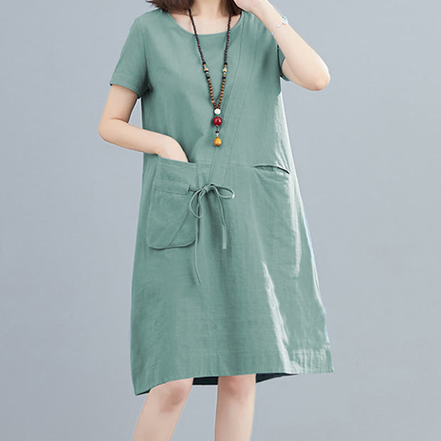 Buddha Stones Summer Casual Plain Lace-Up Design Crew Neck Short Sleeve Cotton Linen Midi Dress With Pockets