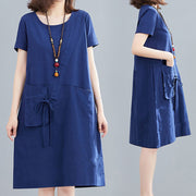 Buddha Stones Summer Casual Plain Lace-Up Design Crew Neck Short Sleeve Cotton Linen Midi Dress With Pockets