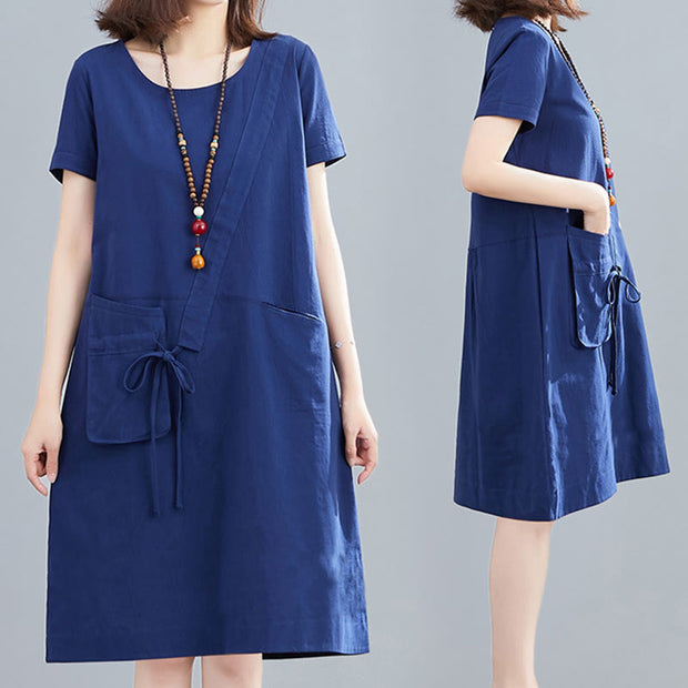 Buddha Stones Summer Casual Plain Lace-Up Design Crew Neck Short Sleeve Cotton Linen Midi Dress With Pockets