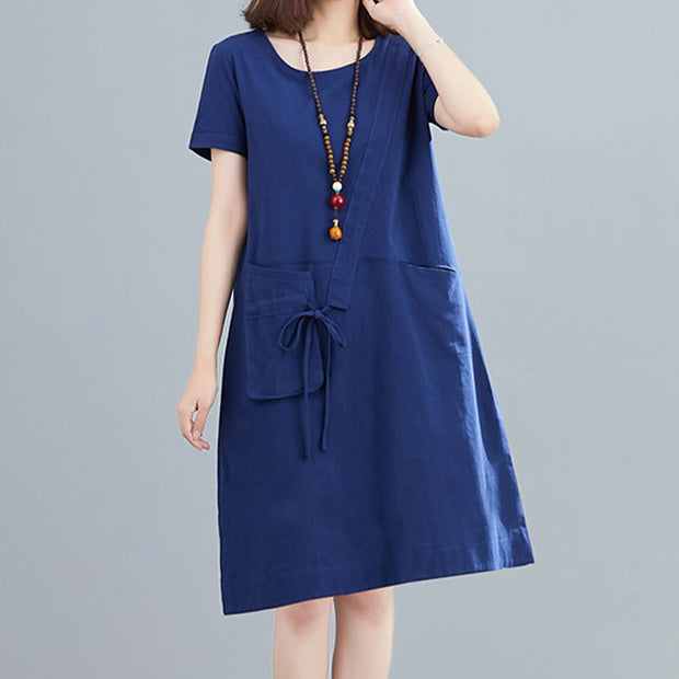 Buddha Stones Summer Casual Plain Lace-Up Design Crew Neck Short Sleeve Cotton Linen Midi Dress With Pockets