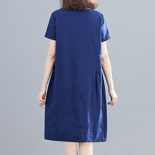 Buddha Stones Summer Casual Plain Lace-Up Design Crew Neck Short Sleeve Cotton Linen Midi Dress With Pockets