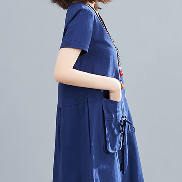 Buddha Stones Summer Casual Plain Lace-Up Design Crew Neck Short Sleeve Cotton Linen Midi Dress With Pockets