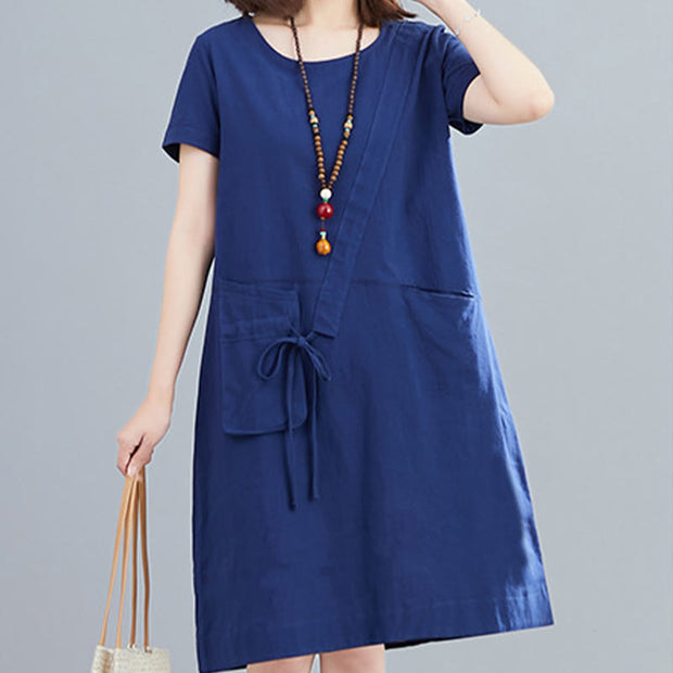 Buddha Stones Summer Casual Plain Lace-Up Design Crew Neck Short Sleeve Cotton Linen Midi Dress With Pockets