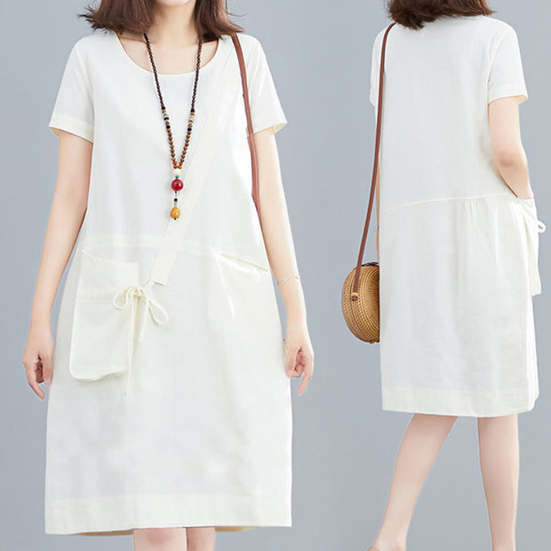 Buddha Stones Summer Casual Plain Lace-Up Design Crew Neck Short Sleeve Cotton Linen Midi Dress With Pockets