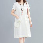 Buddha Stones Summer Casual Plain Lace-Up Design Crew Neck Short Sleeve Cotton Linen Midi Dress With Pockets