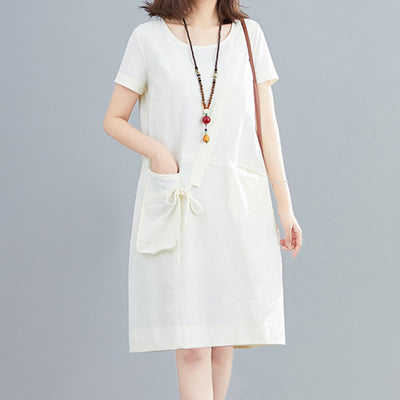 Buddha Stones Summer Casual Plain Lace-Up Design Crew Neck Short Sleeve Cotton Linen Midi Dress With Pockets