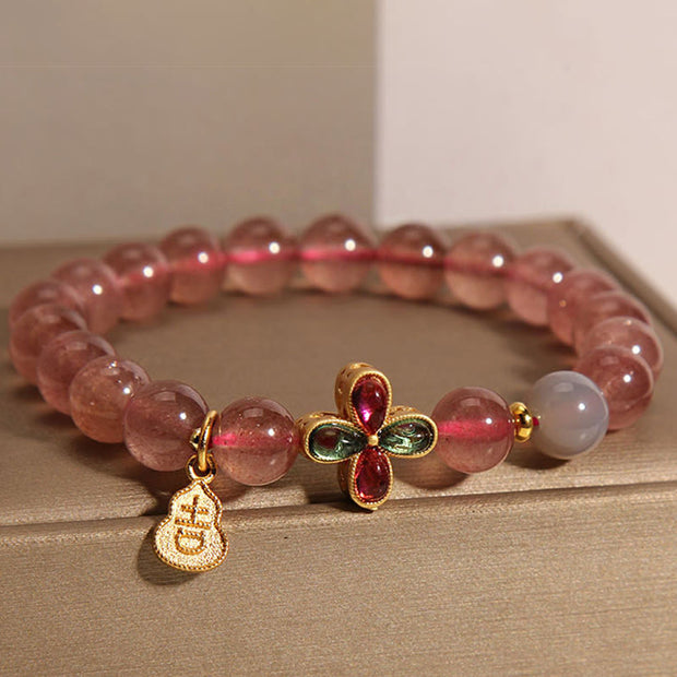Buddha Stones Strawberry Quartz Four-leaf Clover Lucky Gourd Healing Bracelet