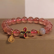 Buddha Stones Strawberry Quartz Four-leaf Clover Lucky Gourd Healing Bracelet