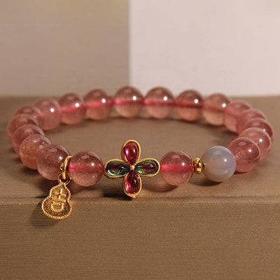 Buddha Stones Strawberry Quartz Four-leaf Clover Lucky Gourd Healing Bracelet