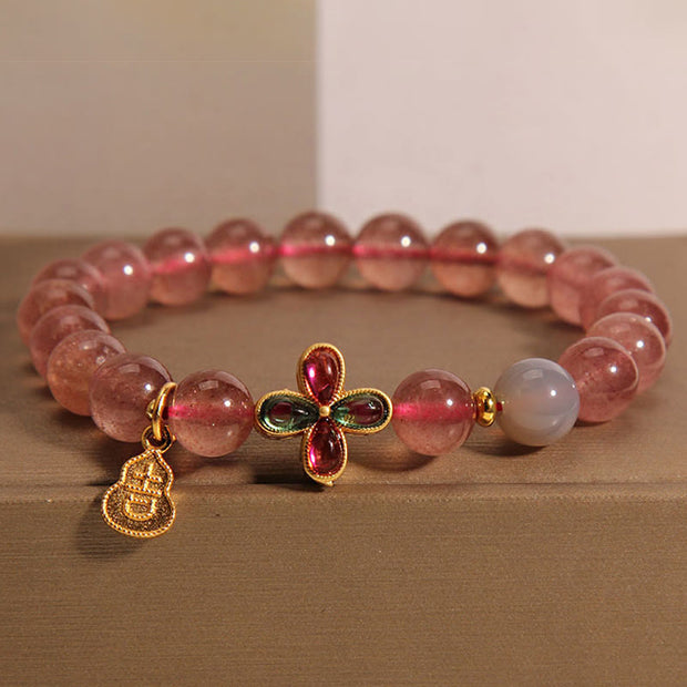 Buddha Stones Strawberry Quartz Four-leaf Clover Lucky Gourd Healing Bracelet