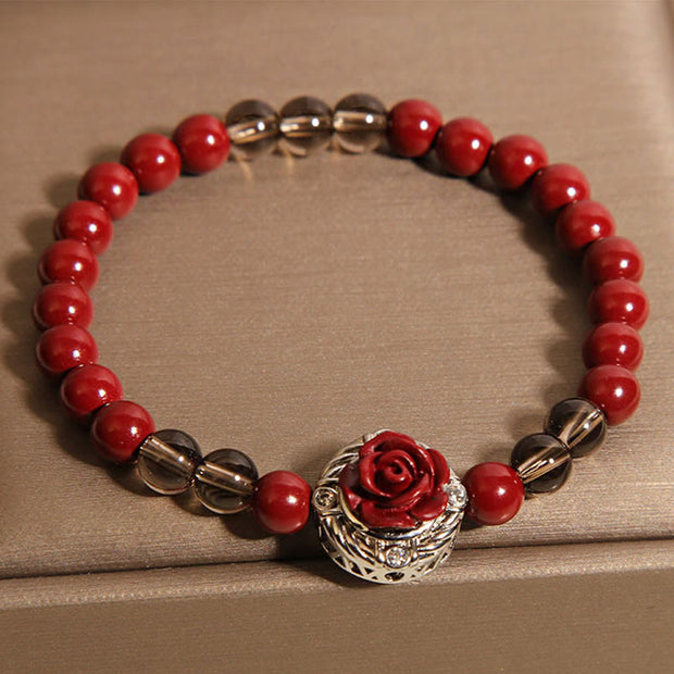 Buddha Stones Cinnabar Angora Red Shell Pearl Rose Petals Calm Bracelet