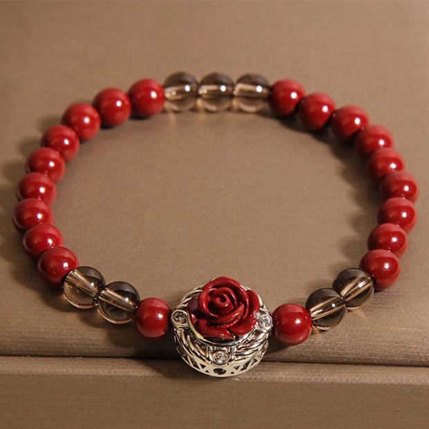 Buddha Stones Cinnabar Angora Red Shell Pearl Rose Petals Calm Bracelet