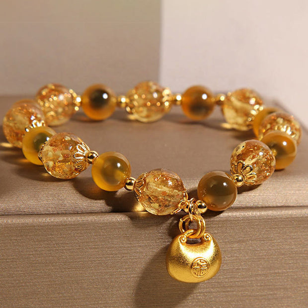 Buddha Stones Yellow Candy Agate Fu Character Blessing Bag Healing Bracelet