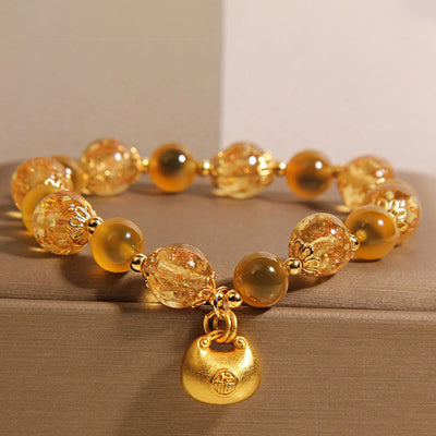 Buddha Stones Yellow Candy Agate Fu Character Blessing Bag Healing Bracelet