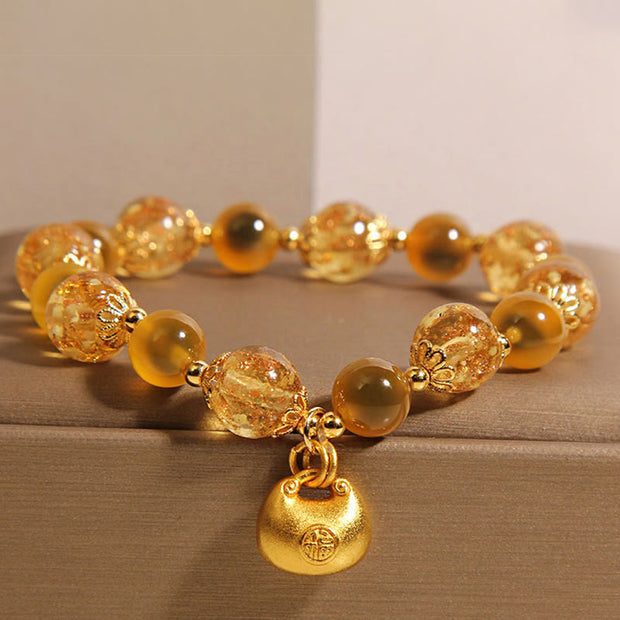 Buddha Stones Yellow Candy Agate Fu Character Blessing Bag Healing Bracelet