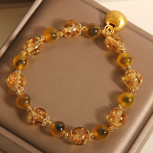 Buddha Stones Yellow Candy Agate Fu Character Blessing Bag Healing Bracelet