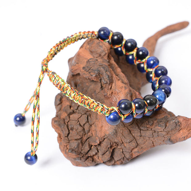 Buddha Stones Natural Blue Tiger Eye Hand-woven Colored Rope Double Row Beads Balance Bracelet