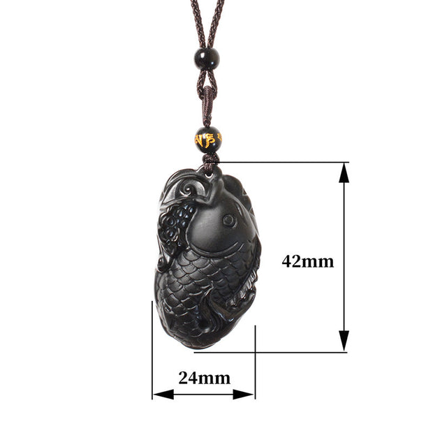 Buddha Stones Natural Black Obsidian Amphioxus Strength Necklace Pendant