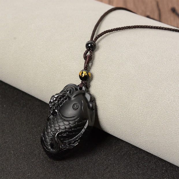 Buddha Stones Natural Black Obsidian Amphioxus Strength Necklace Pendant