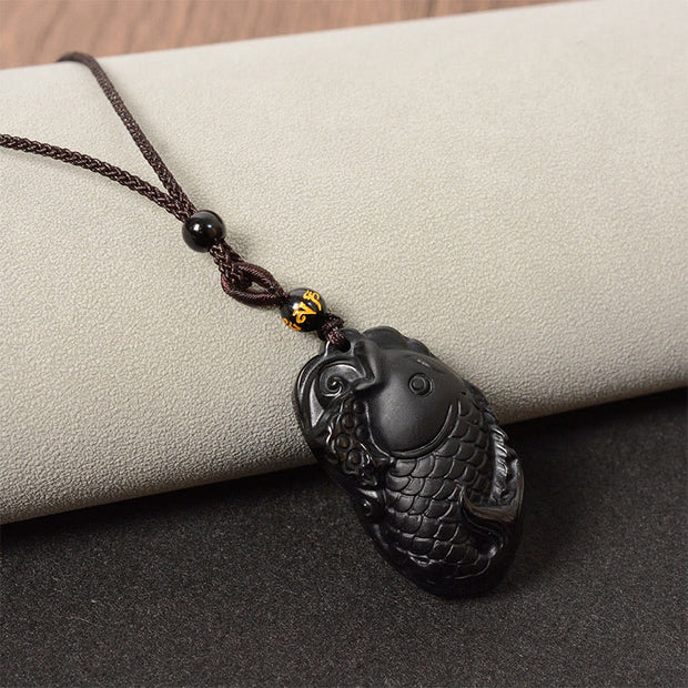 Buddha Stones Natural Black Obsidian Amphioxus Strength Necklace Pendant