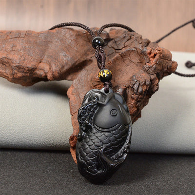 Buddha Stones Natural Black Obsidian Amphioxus Strength Necklace Pendant