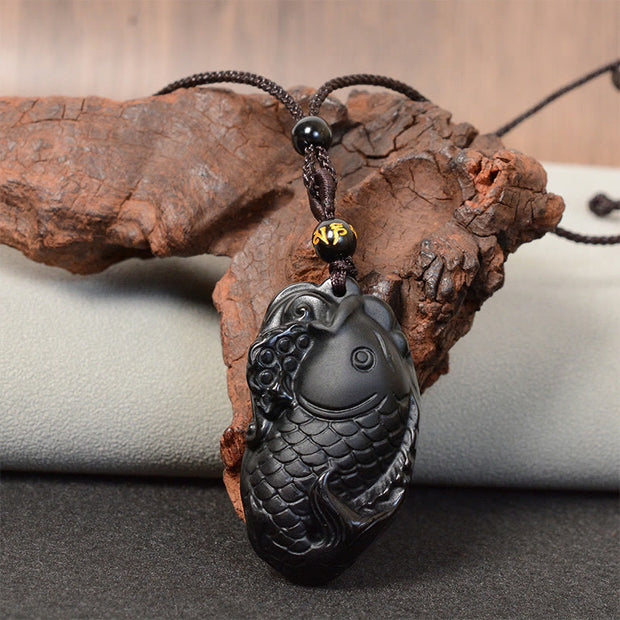 Buddha Stones Natural Black Obsidian Amphioxus Strength Necklace Pendant