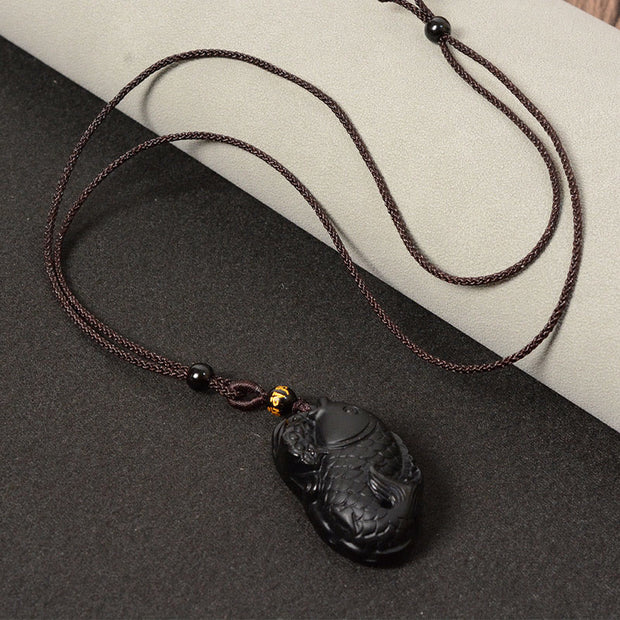 Buddha Stones Natural Black Obsidian Amphioxus Strength Necklace Pendant