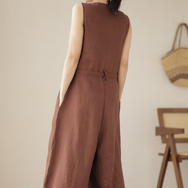 Buddha Stones Casual Lace-Up Simple Design Women's Cotton Linen Jumpsuit With Pockets